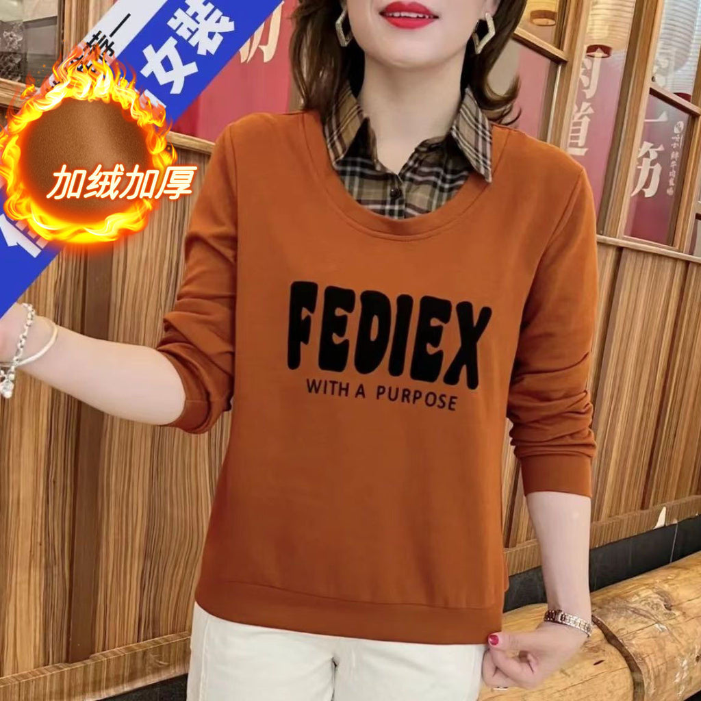 2024 Autumn and Winter fleece-lined Thickened Foreign Style Fake Two-piece Prellis Neck Sweaters Women's Letter Printed Loose Mothers' Fashionable Clothes