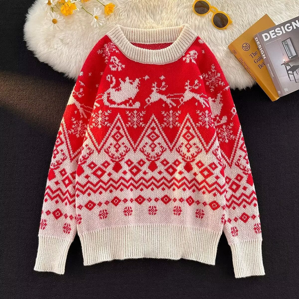 Men's Lazy Style Big Red Knitted Sweater for Teenagers and Students Christmas Holiday Couple Wear Loose Sweater for Men in Winter
