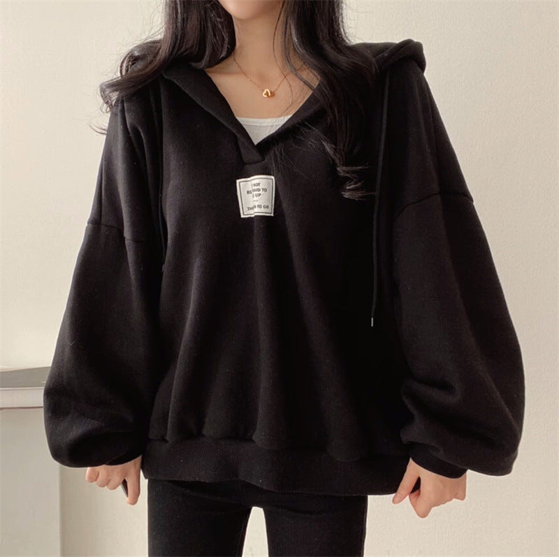 Cross-border South Korea Spring and Autumn Lazy Style Batwing Sleeve Loose All-match Collar Hooded Top Pullover Sweatshirt Women's plus size