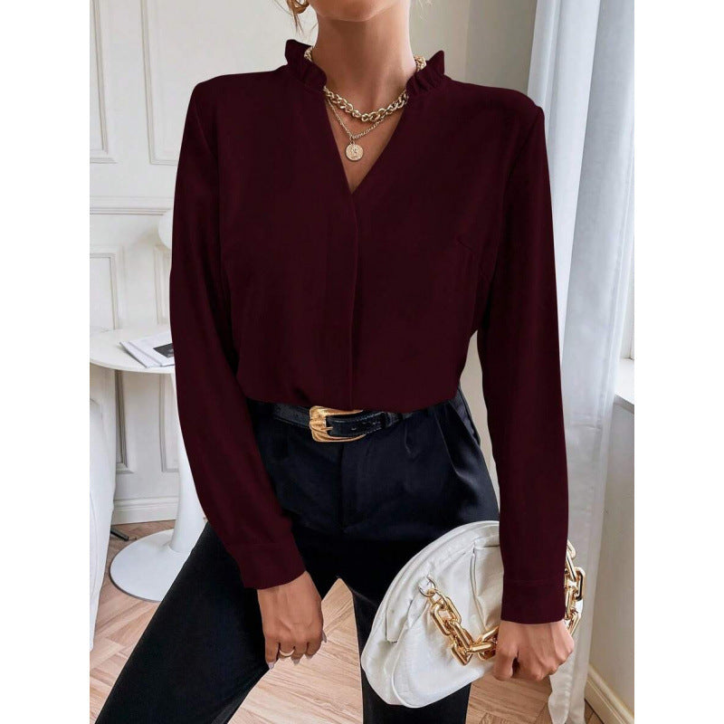 Cross-Border Export New Dropshipping Aliexpress Blouses V Neck Shirt Long-Sleeved Tops