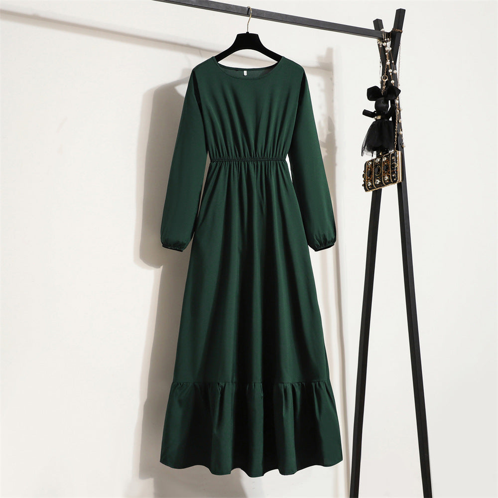 Cross-Border Export Aliexpress Women's New Long Skirt Pure Color Pullover Long-Sleeved Waist A-Line Dress