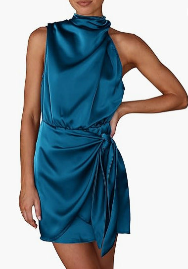 Spring 2024 Women's Short Formal Satin Dress Summer Sleeveless Collar Lace Up Waist Cocktail Party