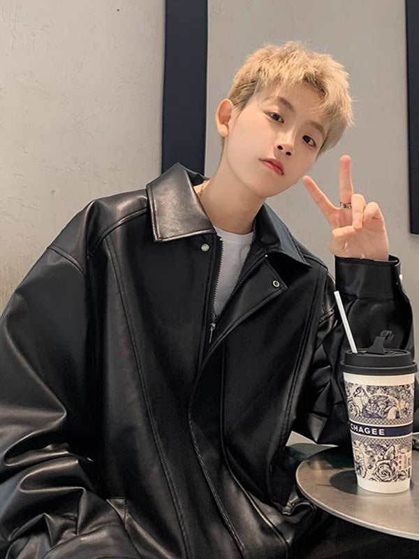 Leather Jacket Men's Autumn American Style High-end Feeling Fat Shuai Chao Brand Lapel Loose Leather Stitching Biker Jacket