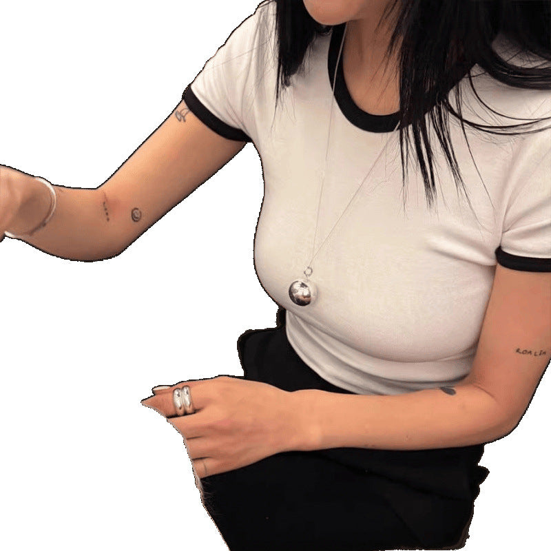 Women's Clothing Slim Round Neck Pullover Slim Fit Hemming Slim Short-Sleeved T-Shirt for Women