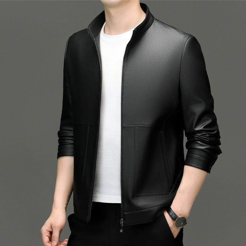 Leather men's 2024 autumn and winter new fleece-lined thickened stand collar pu leather jacket coat protein ecological leather men's