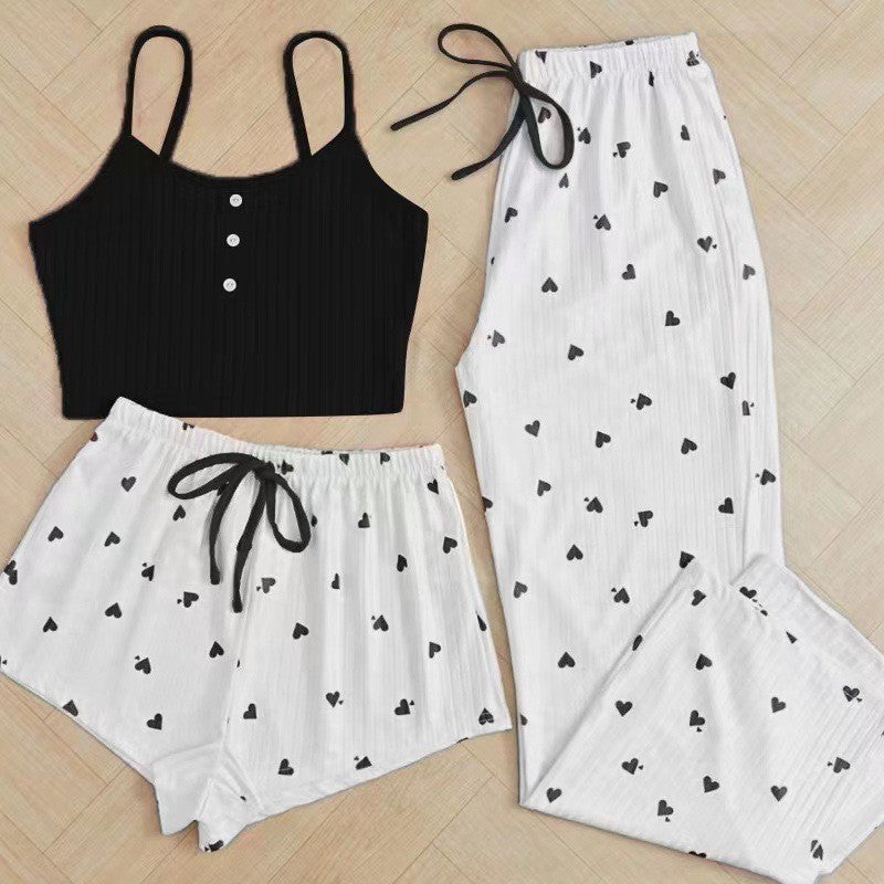 European and American New Style Love-Printed Spring and Summer Sweet and Cute Pajamas, Casual Women's Home Wear Set, Three-Piece Set