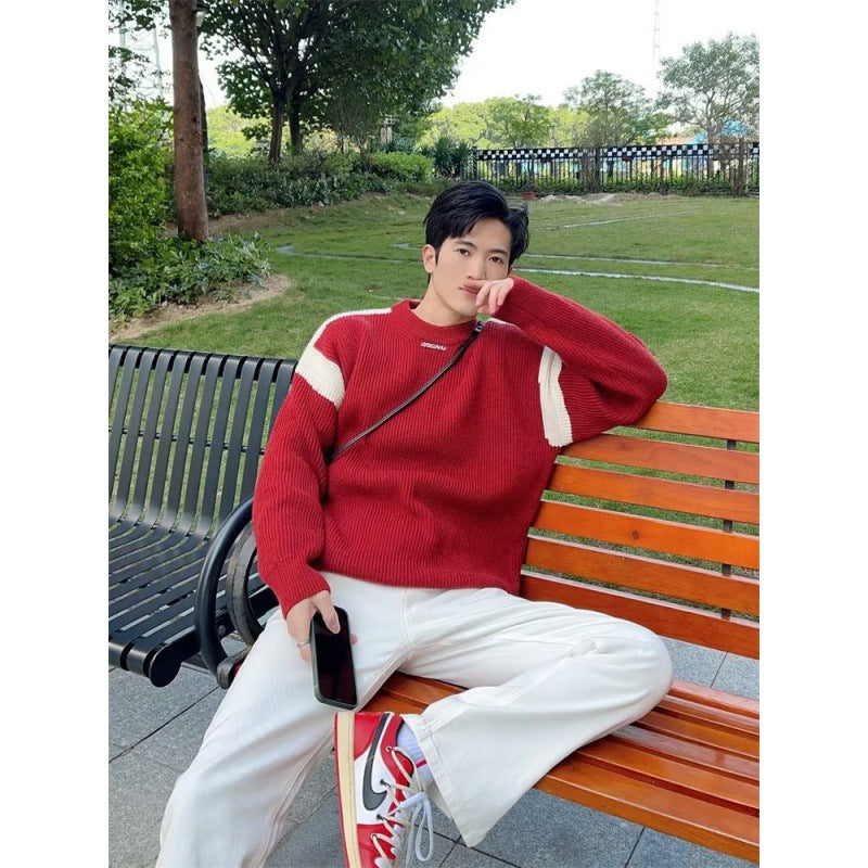 Contrast color sweater men's autumn and winter New round neck long sleeve sweater fashionable inner bottoming sweater fashionable one-piece delivery