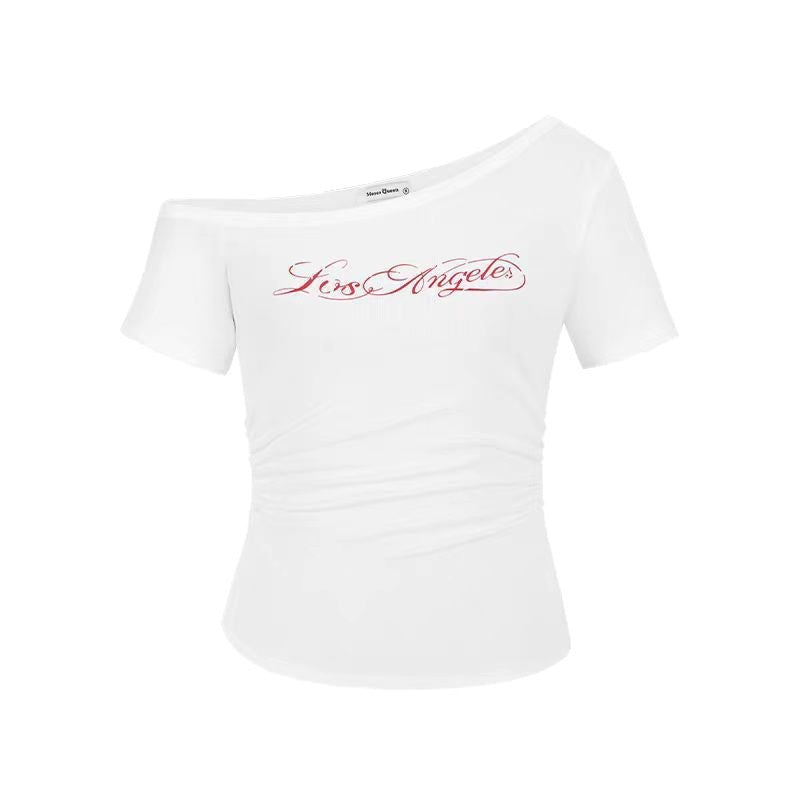Hot Girl Style Letter Printed Slanted Shoulder Short-Sleeved T-Shirt for Women Summer New Slim Fit Versatile Chic Top