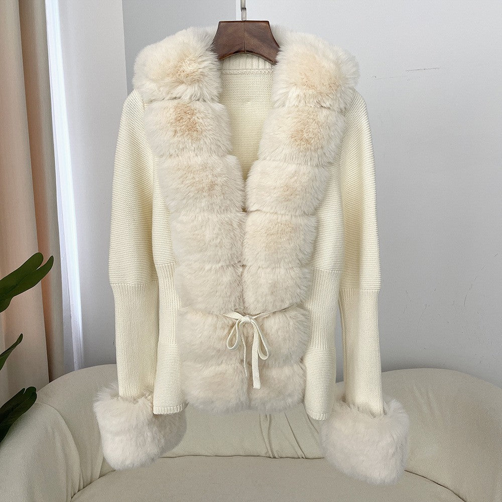Women's Knitted Sweater 25 Spring Knitted Cardigan Imitation Fox Fur Coat Women's New Style Short Sweater Women