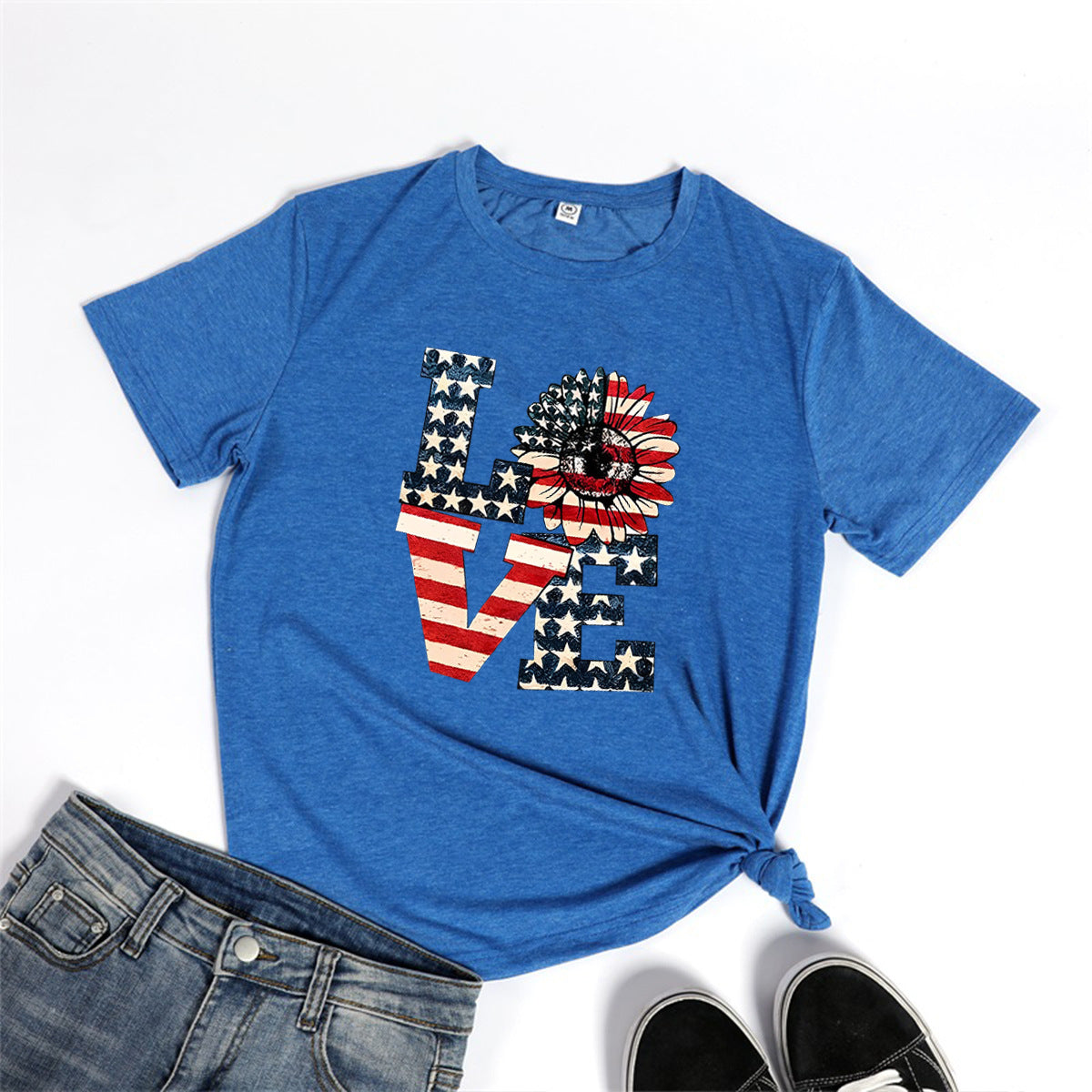 Round Neck American Independence Day T-Shirt Women Love American Flag Printed Top Colored Cotton T-Shirt