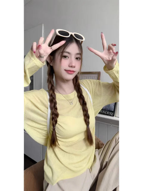 Cross-Border Thin Sun Protection Long-Sleeved T-Shirt for Women in Summer, Loose Suspenders, Air-Conditioned Shirts, Blouses, Layered Inner Tops