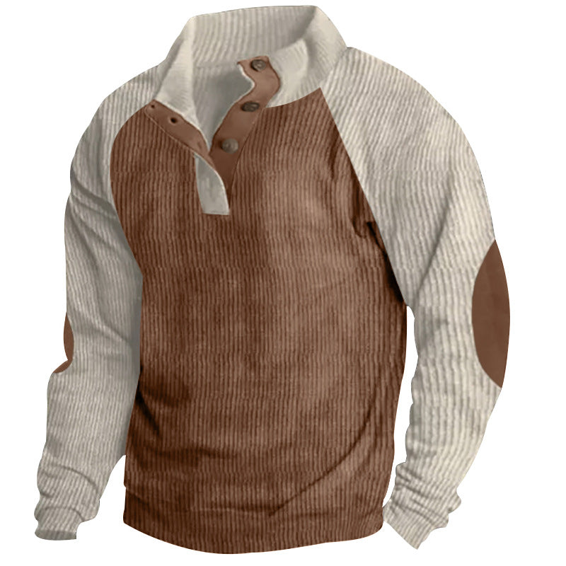 2025 Cross-Border Men's Casual Stand Collar Sports Sweatshirt Amazon Autumn and Winter Contrast Color Corduroy Slim Raglan Sweatshirt