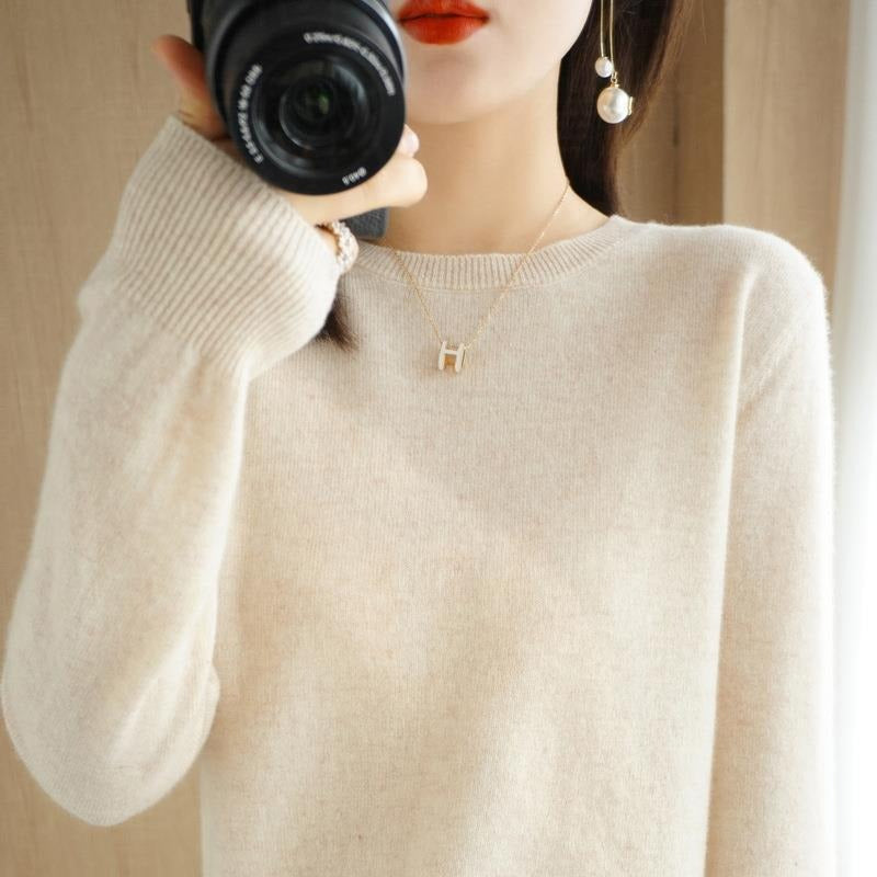 Autumn and Winter New Round Neck Sweater Women's Pullover Sweater Solid Color Long Sleeve Women's Thin Inner Short Base Shirt for Women