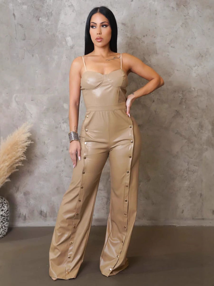 Aj4479 Cross-Border Supply European and American Clothing Pu Leather Suspender Sleeveless Wide-Leg Jumpsuit