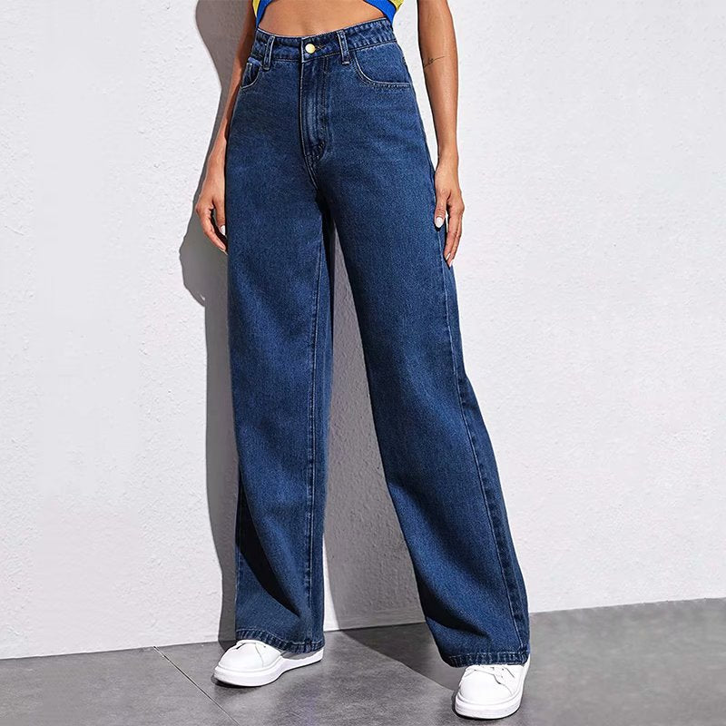 American Retro Wide-Leg Jeans for Women, High-Waisted, Loose-Fitting, New Spring and Autumn Style, Straight-Leg Pants, Slimming for Pear-Shaped Body