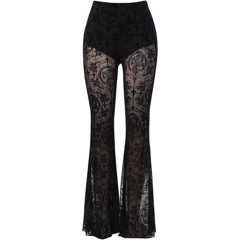 150kg Plus Size Women's Black Lace Sexy Dance Bell Bottoms Mesh Sexy Transparent Pants Heels Dance Clothes