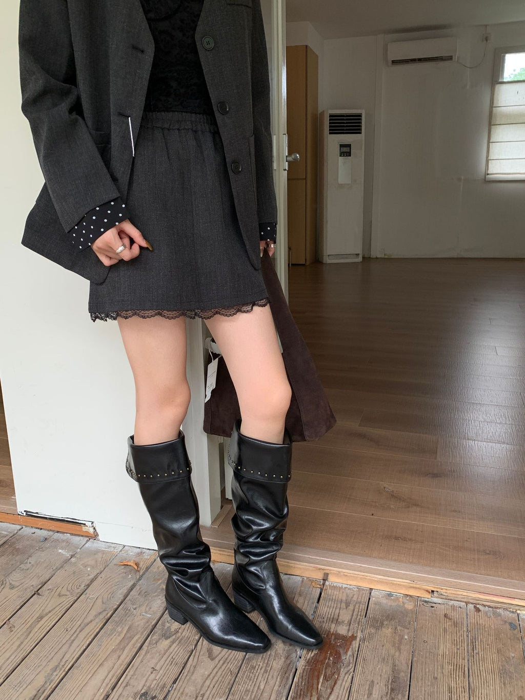 Original In-Stock 2025 Autumn and Winter Comfortable Mid-Heel Slouch Boots for Women, Chunky Heel, Square Toe, Black Over-The-Knee High Boots for Women