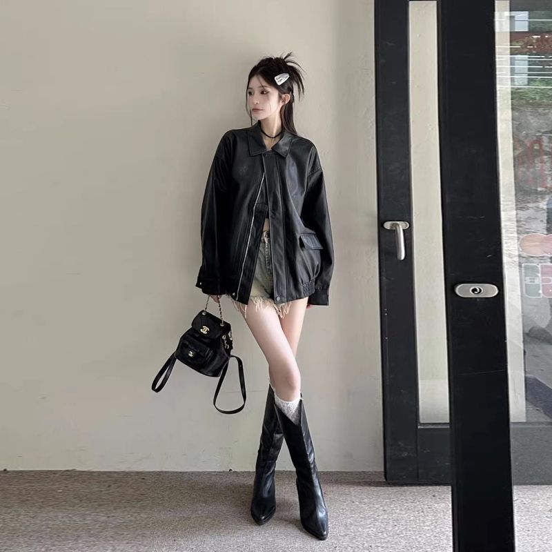 Trendy Cool Women's Spring and Autumn 2024 New Retro Loose Street Biker Leather Jacket Ins Cool Stylish