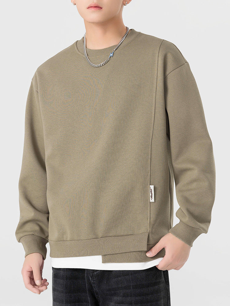 Light Mature Style Simple Men's Clothing Spring and Autumn New Heavy-weight Sweaters Men's New Fashionable Brand Fake Two-piece Solid Color Top for Men