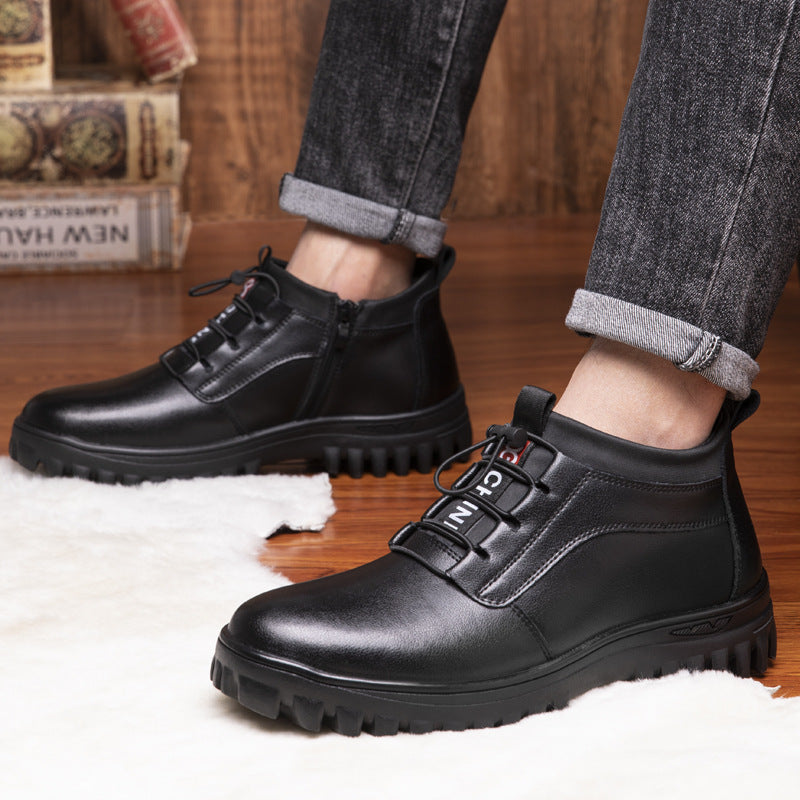 High-Top Cotton Boots 2026 Winter New Style Workwear Men's Shoes Trendy Wool Snow Boots Leather Lace-Up Warm Leather Shoes