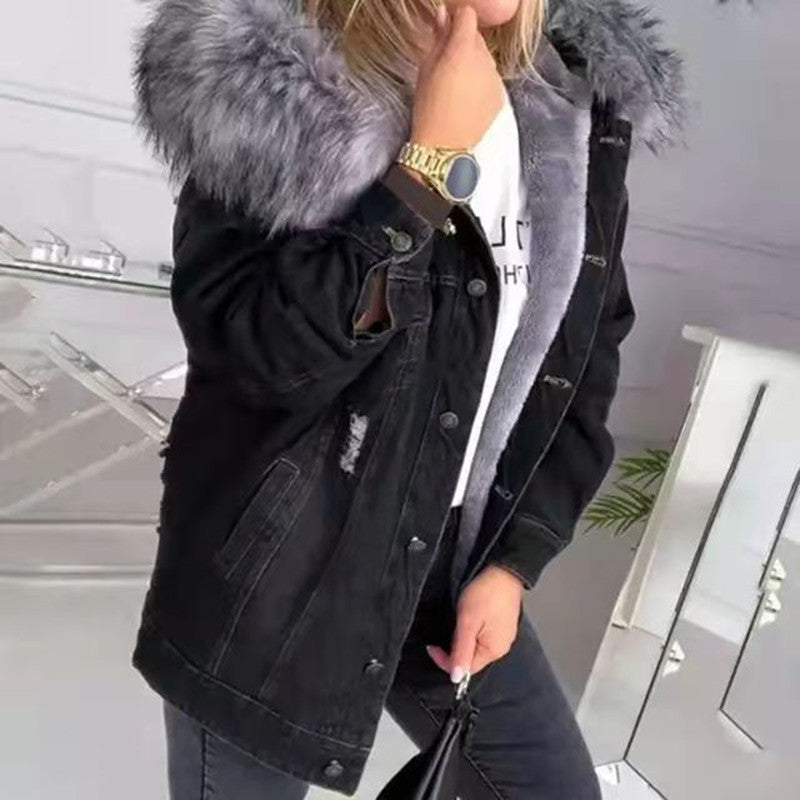 Women Winter Big Size Denim Jacket Ladies Warmth Jeans Coat
