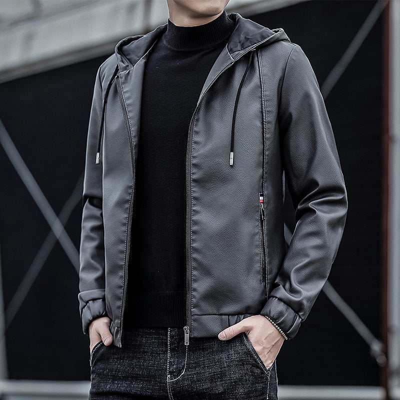 Men's Leather Jacket Cross-border Wholesale Factory Amazon Leather Men's Hooded Slim Fit Korean Motorcycle Casual Jacket