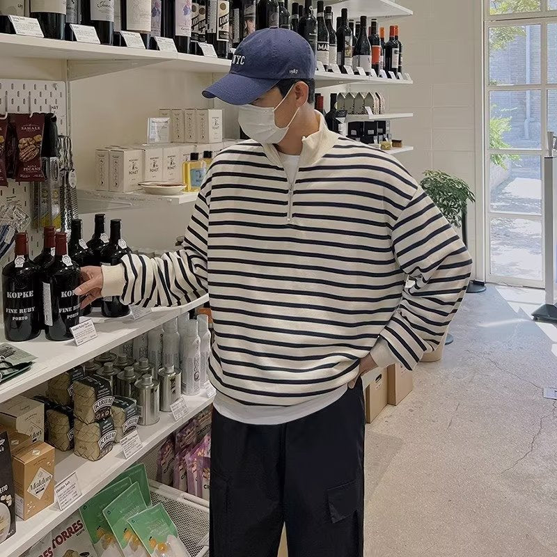 Spring and Autumn Korean Style Loose Design Sense Half-height Zipper Pullover Vertical Collar Sweatshirt Men's Ins Casual Striped Jacket Trendy