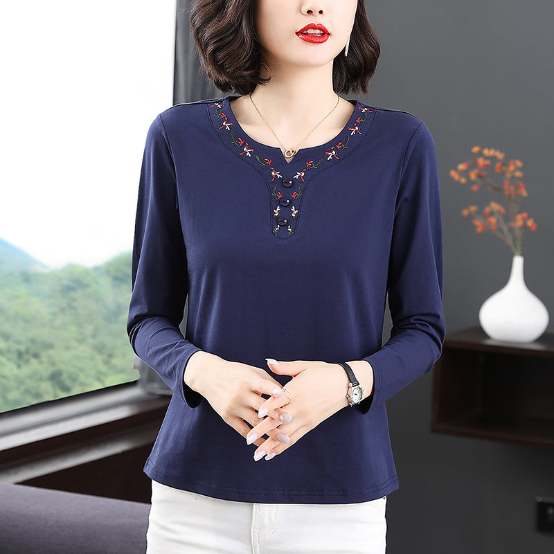 Embroidered Long-Sleeved T-Shirt for Women 2024 Autumn New Style Bottoming Shirt for Middle-Aged and Elderly Mothers Wholesale Plus Size Tops for Delivery