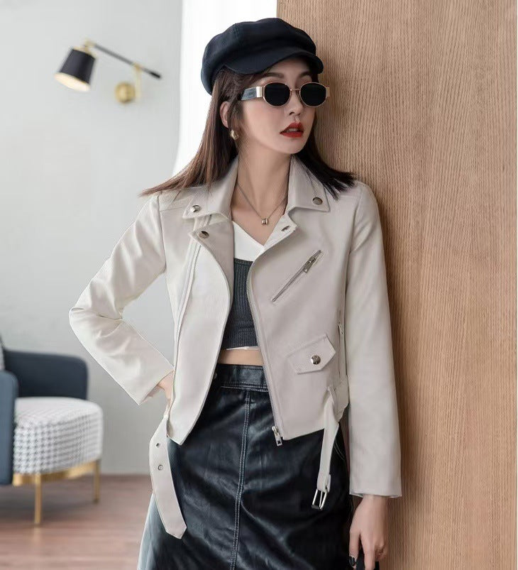 Women's Short Leather Jacket for Spring and Autumn, Motorcycle Pu Leather Jacket, Slim Fit, Plus Size, Student Style, Small Lapel, European and American Style
