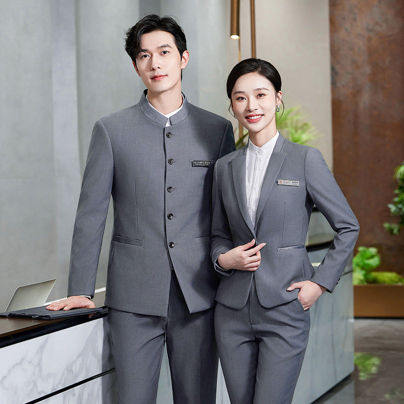 Gray Business Attire for Men and Women, Autumn and Winter Slim Business Bamboo Pattern Suit, Women's Trousers and Vest