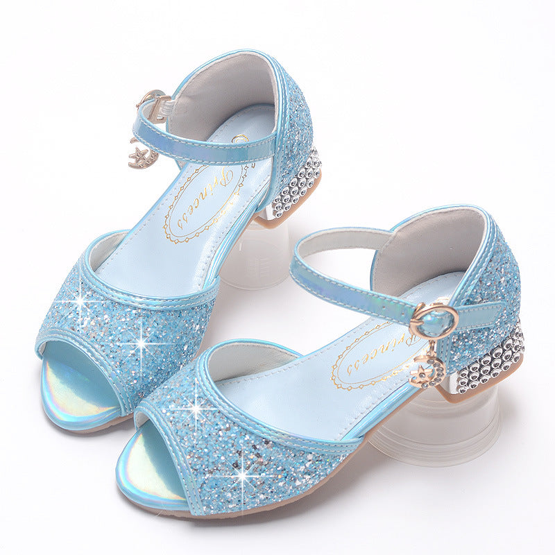 Girls Sandals 2025 New Elsa Princess Shoes Frozen Children's High Heels Model Catwalk Crystal Leather Shoes