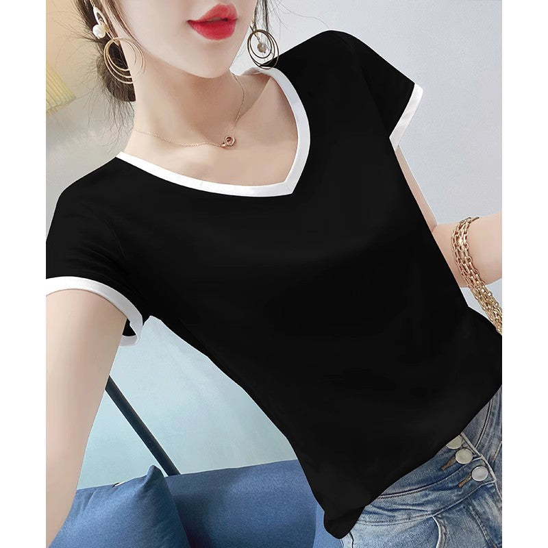 White Short-Sleeved T-Shirt for Women V Neck Stitching Contrasting Color Slim Fit Spring 2025 New Versatile T-Shirt Right Shoulder Tight Top