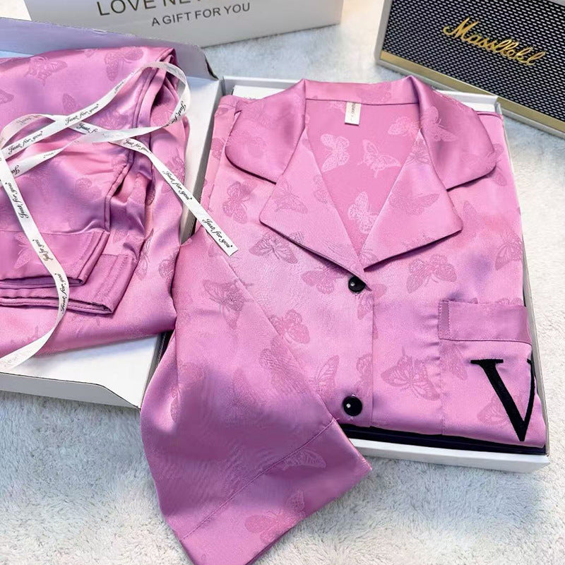 2025 New Ice Silk Pajamas Women's Long Sleeve Lapel Bow Jacquard High-end Simple Home Clothes suit