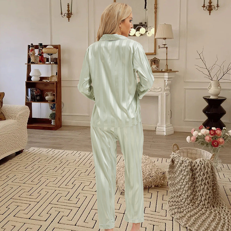 Foreign Trade Cross-border Silk Color Striped Trousers Long-sleeved Home Clothes European and American Style Women's Pajamas Lady pajamas