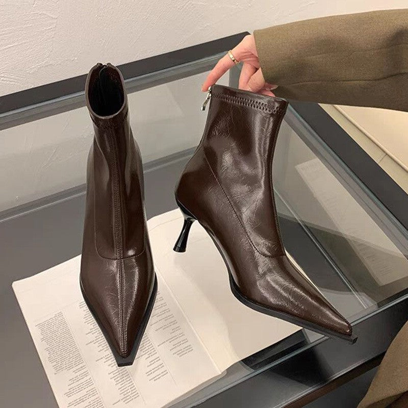 High-Heeled Pointed-Toe Short Boots for Women with Stiletto Heels and Back Zippers 2025 New Autumn and Winter Black Patent Leather High-End Slim Boots