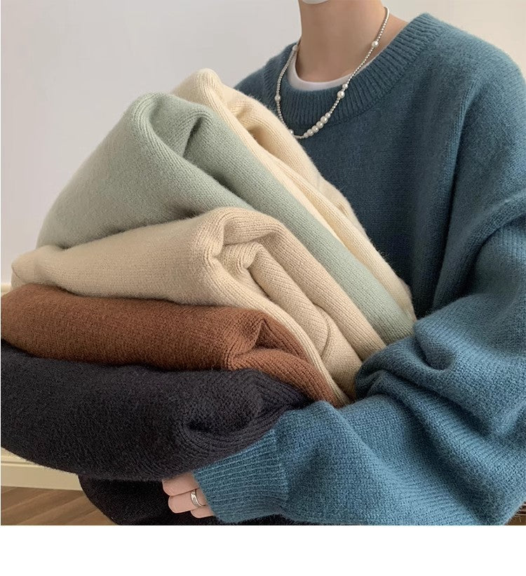 Sweater Men's Autumn and Winter Lazy Style American Style Retro High-end Sense Loose Casual Solid Color Pullover Base Knitted Sweater