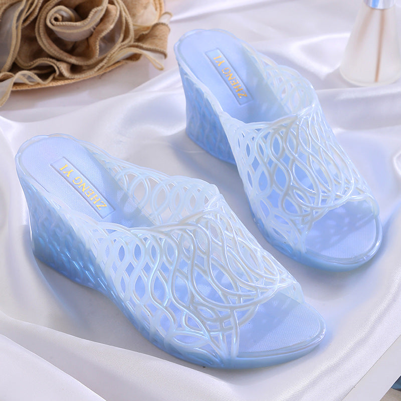 High-Heeled Women's Shoes with Thick Soles, Wedge Heels, Mesh Crystal Slippers, Pearlescent Iridescent Plastic Jelly Shoes, Hollow Anti-Odor High Heels