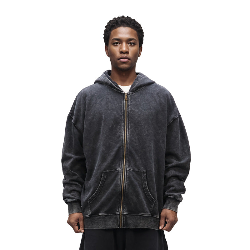 350g Distressed Zipper Hoodie for Men, Oversized Drop Shoulder Vintage Washed Heavy Terry Cardigan Jacket, Heavyweight Men's Clothing