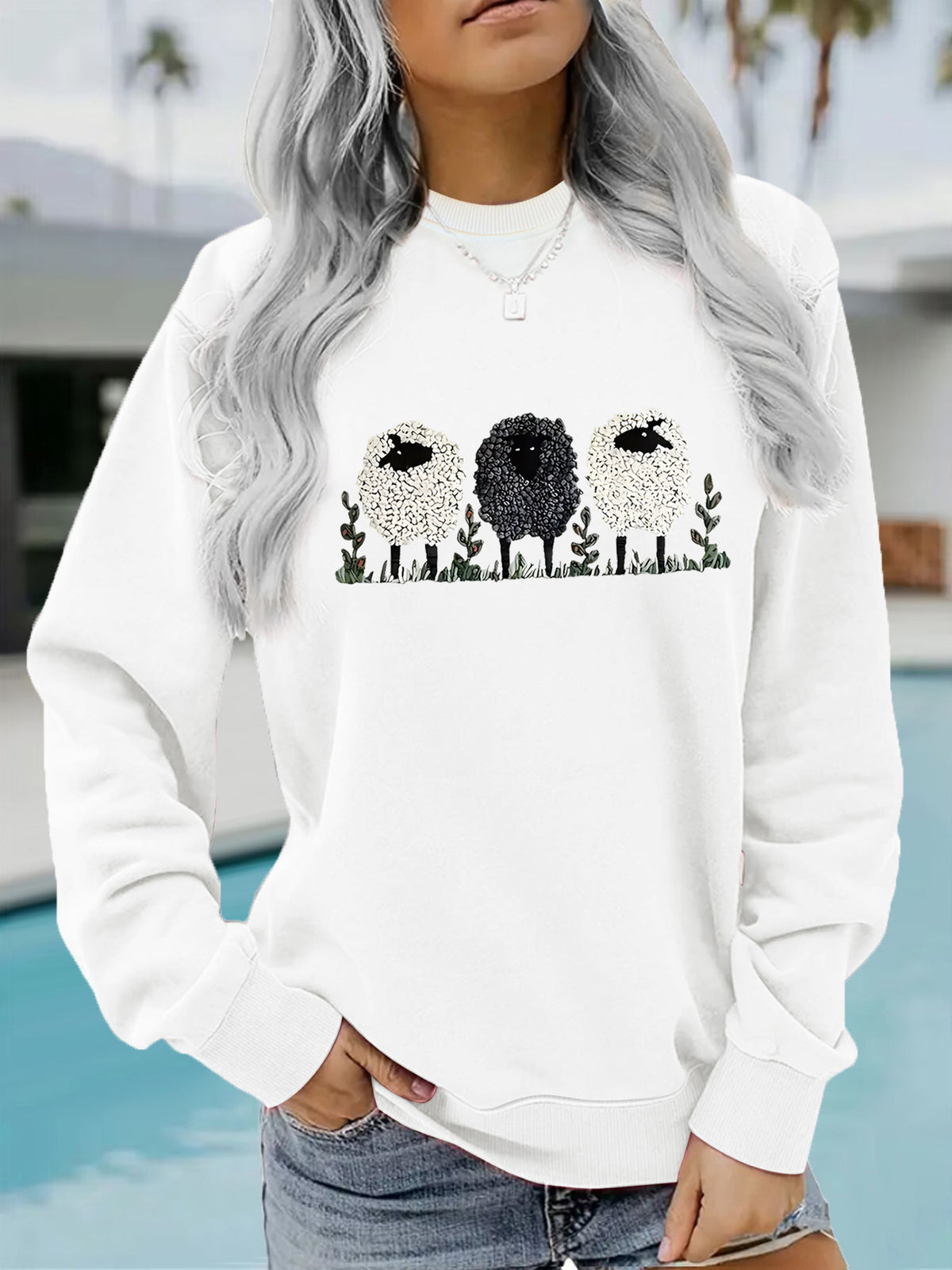 Europe and the United States cross-border autumn and winter women's casual long sleeve crew neck sheep printed pullover sweatshirt sweater wholesale