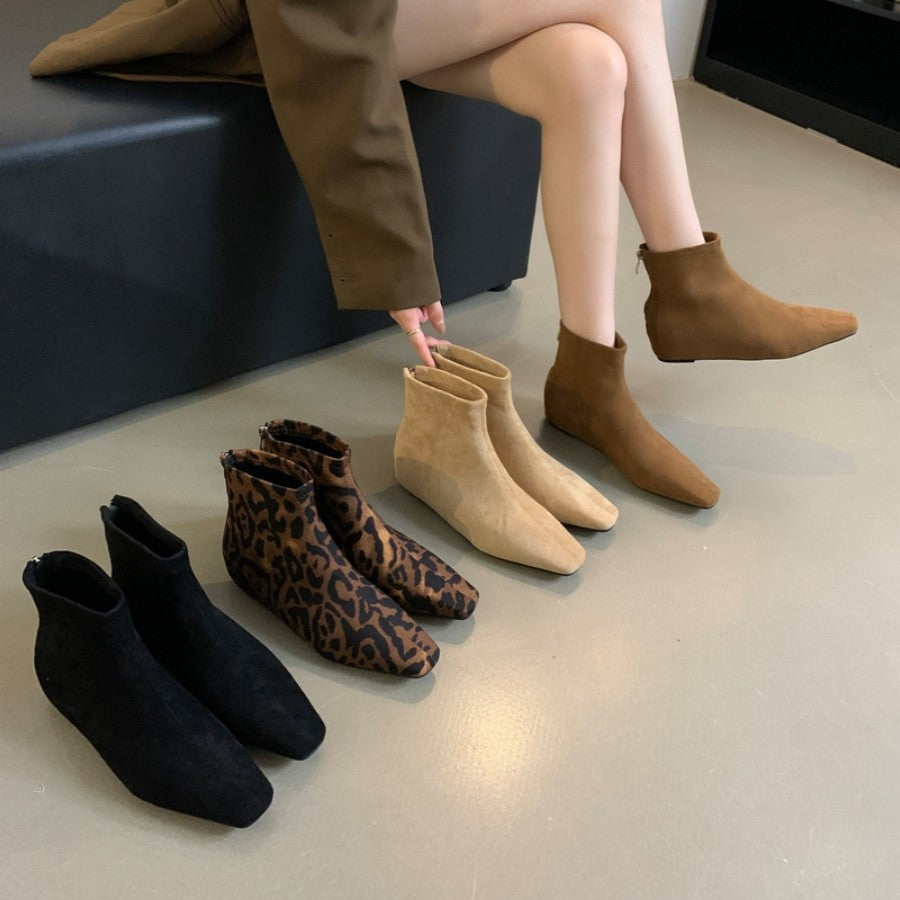 Niche Design Inner Heightening Wedge Short Boots for Women 2025 Autum Slim Boots Square Toe Back Zipper French Ankle Boots