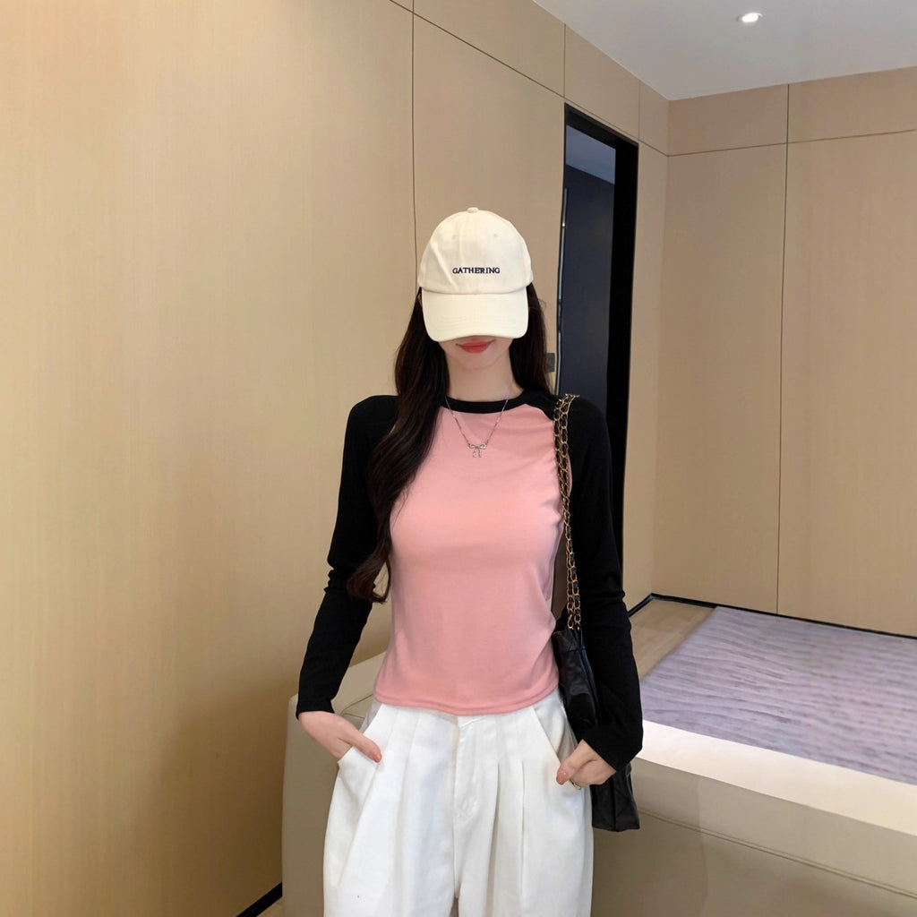 Autumn New Long-Sleeved T-Shirt for Women, Contrasting Raglan Sleeves, Slim Round Neck, Short T-Shirt, Customized Group Clothing, Women's Tops