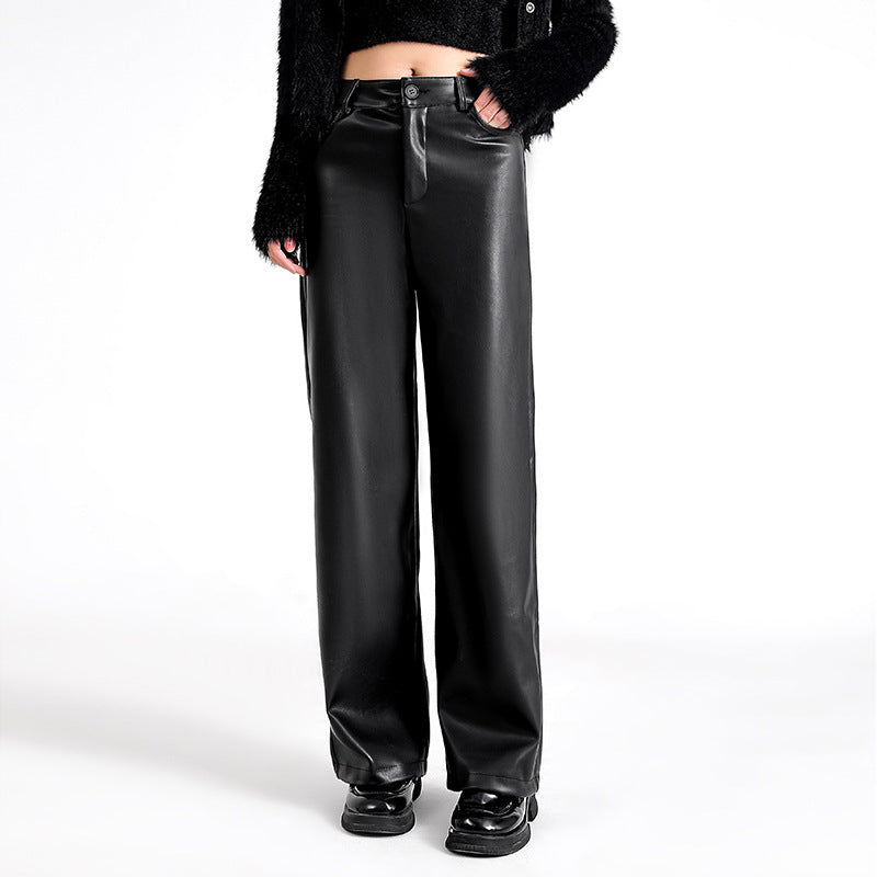 Women's Leather Pants 2025 New Autumn and Winter Black High-Waisted Loose Straight Slimming Petite Pu Leather Wide-Leg Pants