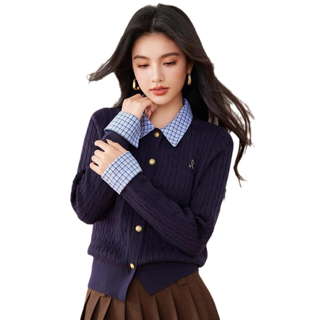 2024 Winter New Fake Two-piece Sweater Plaid Stitching Twisted Knit Sweater Fashionable Design Sense Top for Women