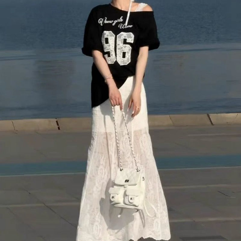 Summer beautiful wear suit 2025 ~ new Korean fashion lace shoulder T-shirt fishtail skirt two-piece set