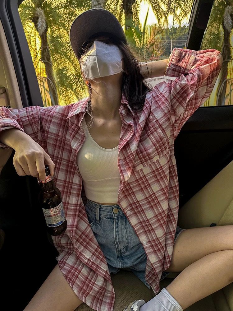 Cross-Border Japanese-Style Women's Autumn Tops Plaid Shirts Thin Sun-Protective Shirts Blouses Cross-Border Popular French-Style Plus-Size Casual
