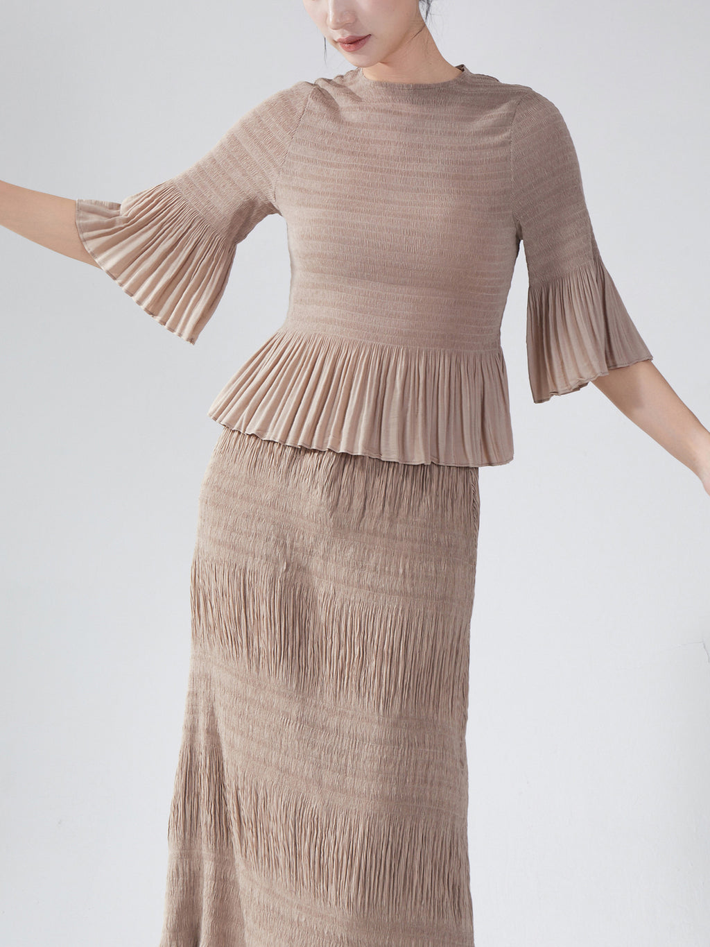 Miyake Women's Autumn New suit Two-piece Elegant Slim-fit Base T-shirt Top All-match Hip Skirt
