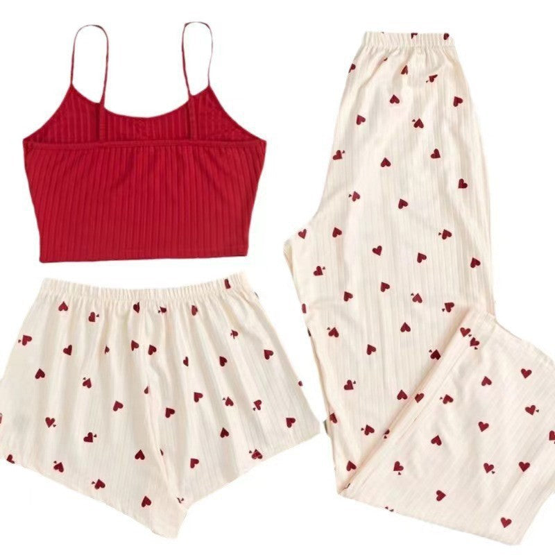 European and American New Style Love-Printed Spring and Summer Sweet and Cute Pajamas, Casual Women's Home Wear Set, Three-Piece Set