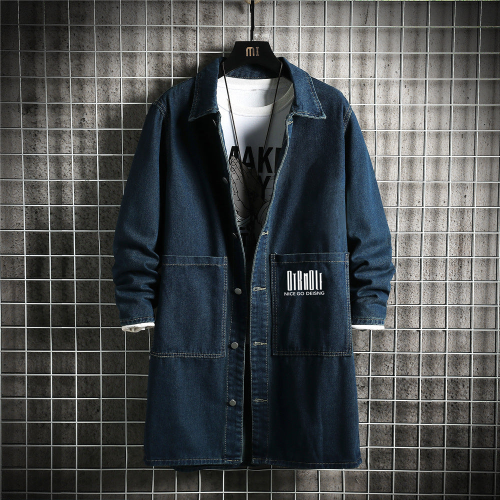 Men's Denim Trench Coat, Mid-Length, Autumn and Winter, Japanese Style, Trendy Brand, Plus Size, Vintage, Loose, Casual, Lapel Jacket
