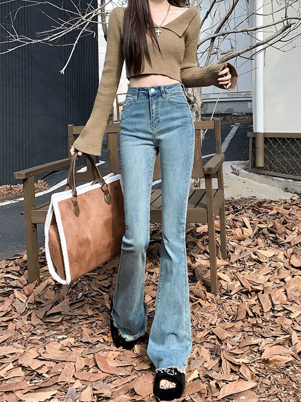Raw Hem Pear-Shaped Body Shape Flared Jeans for Women, Spring and Autumn Design, 2025 New High-Waisted Slimming Raw Hem Bootcut Pants