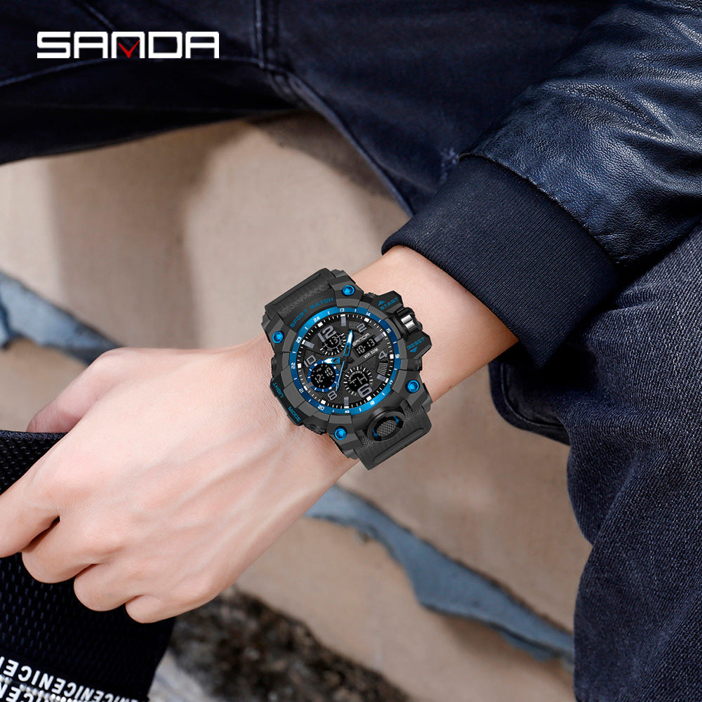Sanda Hot-Selling Watch Korean Version Student Party Multi-Functional Waterproof Alarm Clock Electronic Watch Cool Dual Display Luminous Sports Watch